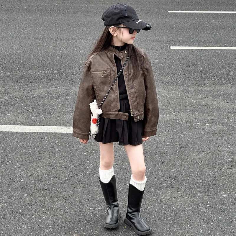 女童外套春秋款2025新款儿童秋装皮衣大童6-12岁女孩韩系又酷又飒