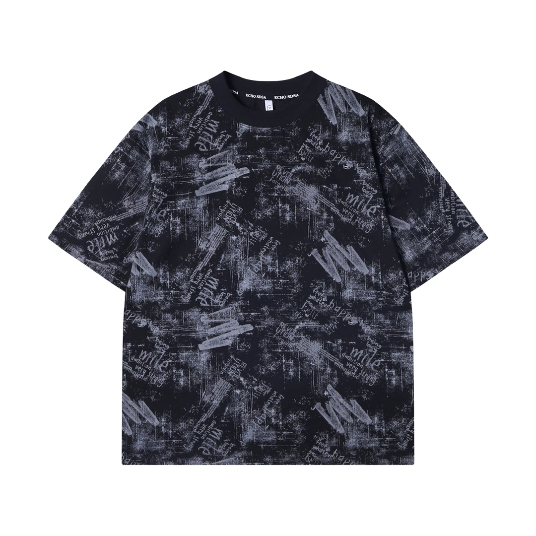 夏季高级感新款韩版做旧满印字母圆领短袖T恤时尚情侣复古上衣