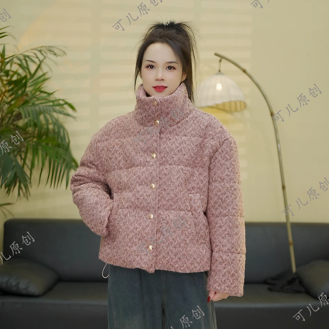 冬季新款粗花呢羊毛小香风设计款保暖小立领女士百搭加厚款棉服