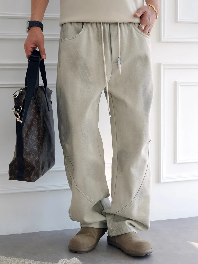 美式复古拼接解构擦色抽绳牛仔裤男士秋冬新款潮牌宽松痞帅直筒裤