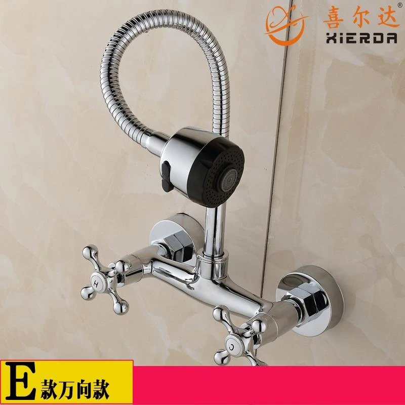 全铜入墙式厨房冷热水龙头双把挂墙式菜盆水槽洗衣池水龙头可旋转