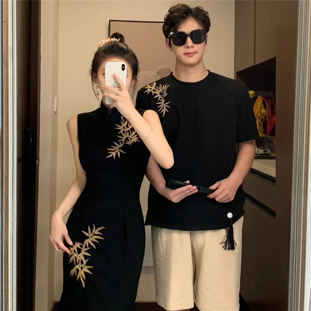 新中式情侣装夏季显瘦国风黑色金竹改良旗袍连衣裙男短袖衬衫短裤