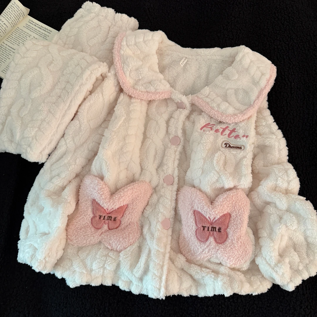 睡衣女秋冬季珊瑚绒大码加厚2025新款保暖长毛绒粉蝴蝶套装家居服