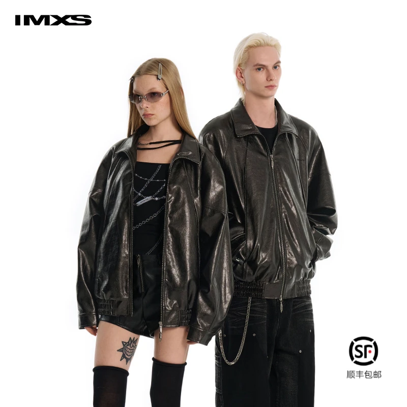 IMXS美式休闲宽松酷飒pu皮翻领皮衣夹克情侣潮流外套男女2025新款