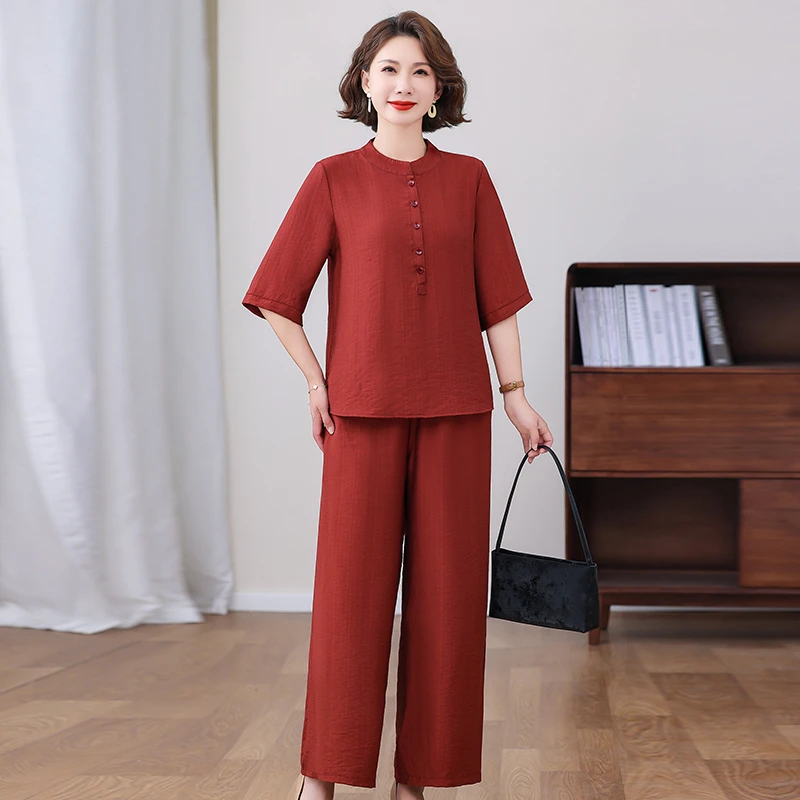 夏季新款短袖中老年女装套装休闲百搭妈妈装两件套宽松减龄显瘦