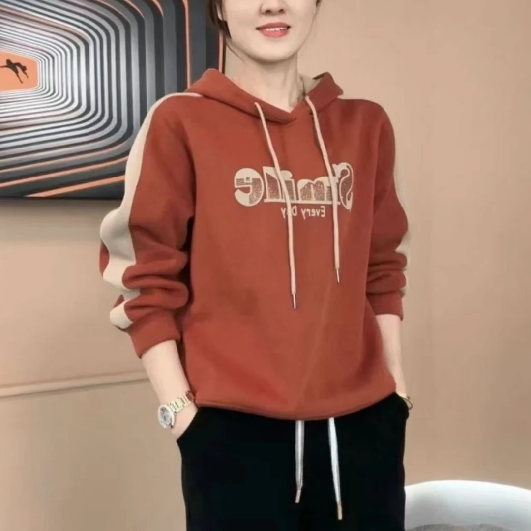 春秋新款时尚百搭洋气卫衣连帽字母印花宽松休闲上衣加厚外套女