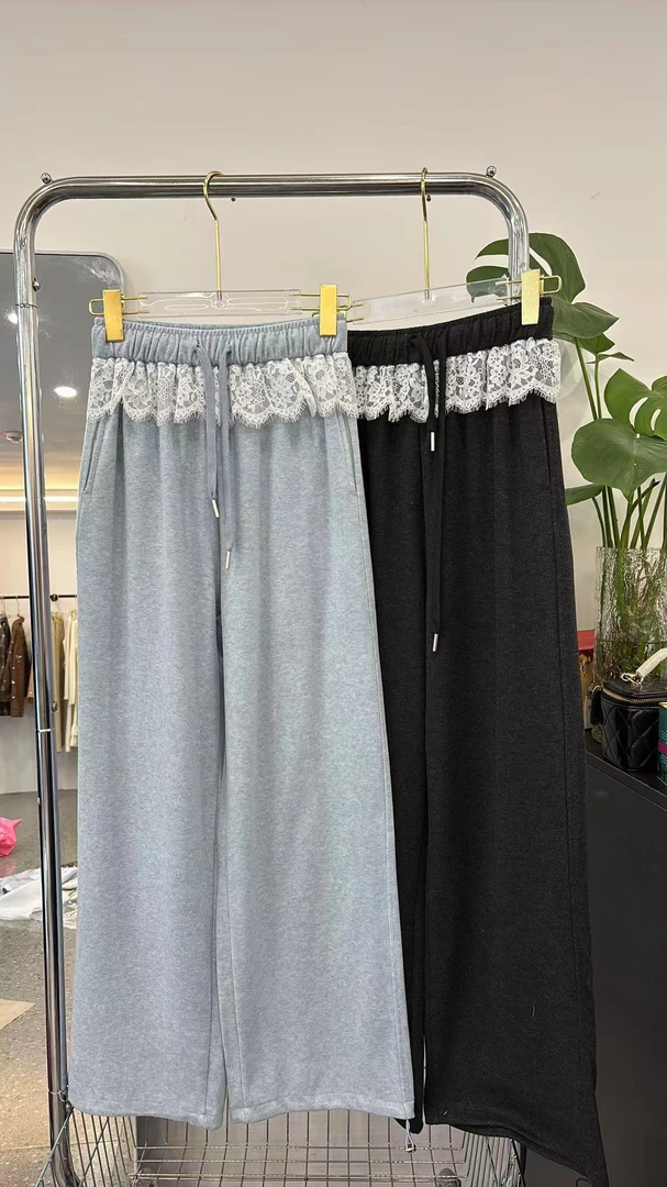 2025新款蕾丝花边拼接休闲裤女高腰宽松显瘦卫裤