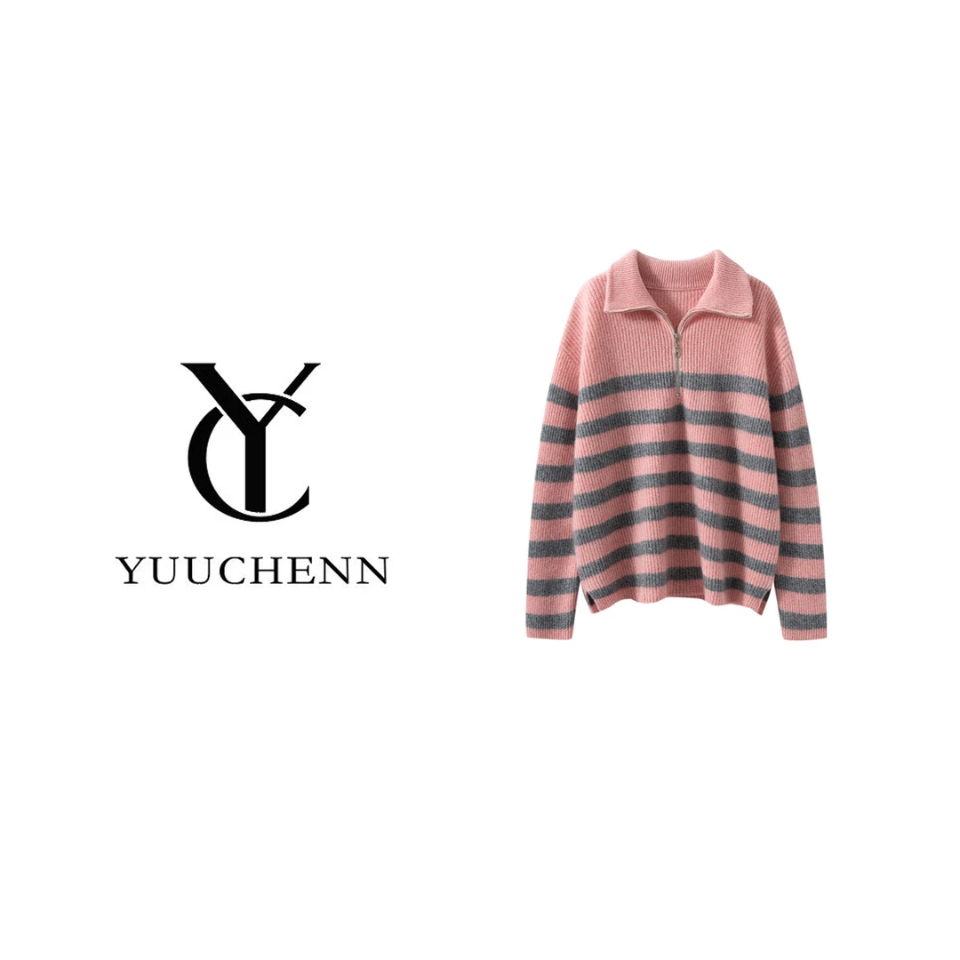 YUUCHENN羊绒花纱元宝针条纹半拉链5084