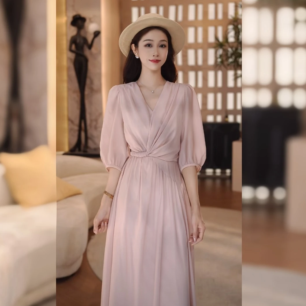 【蒙面夫人专属】缎霞拂身新款高腰显瘦遮肉皮粉色气质连衣裙250303