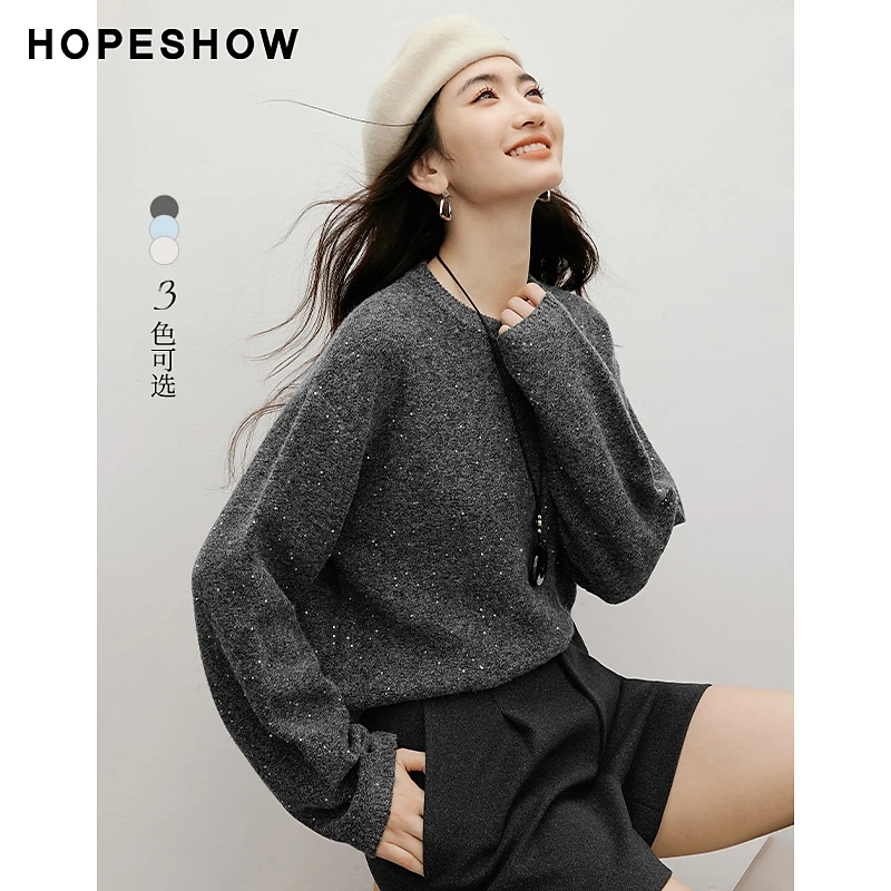 红袖2025冬季新款女装 亮丝落肩长袖圆领套头针织衫90125360105