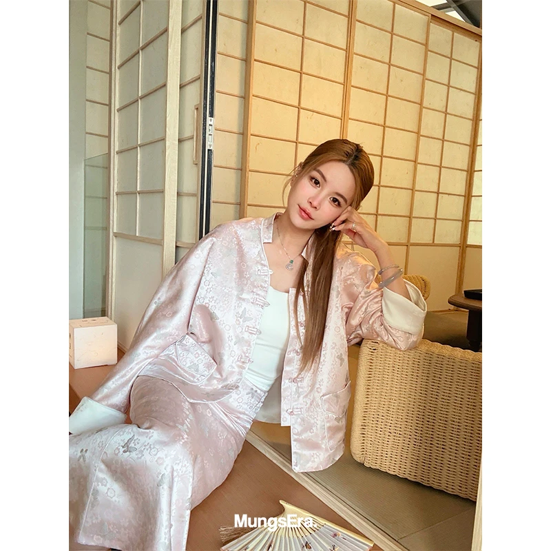 MungsEra原创刺绣黑粉撞色新中式唐装上衣/半裙套装一排扣两件套