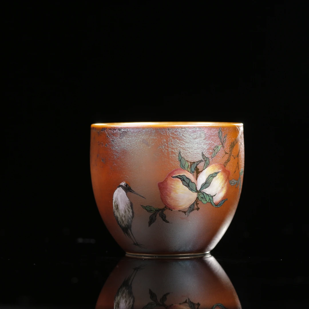 【晚晚精选】282柴房金红特色火痕花鸟绘画单杯 柴烧特性每只不同