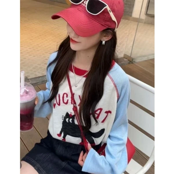 幸运猫春夏撞色插肩袖猫咪图案长袖防晒上衣