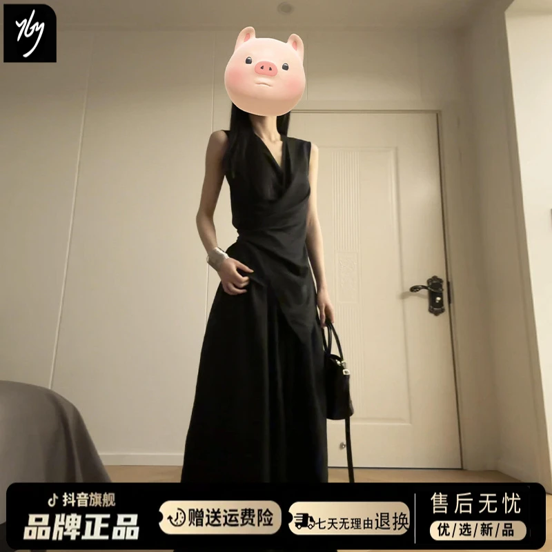 法式赫本风黑色无袖v领背心连衣裙子女夏季2025年新款高级感长裙
