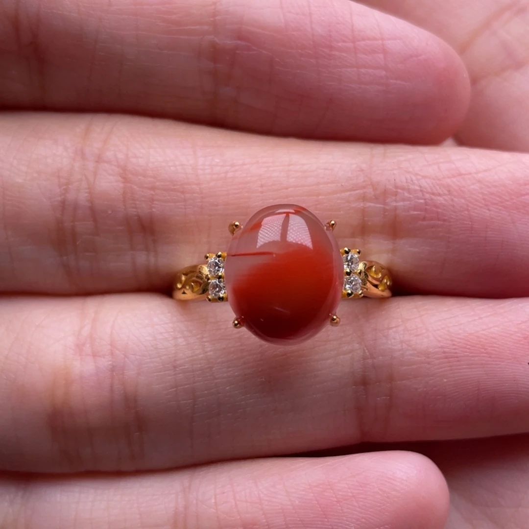 南红玛瑙银S925镶嵌珠宝奇石女戒