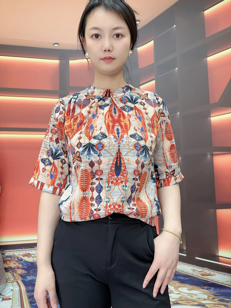 夏季花色宽松中长款衬衫女士2025新款薄款复古印花开衫短袖上衣服
