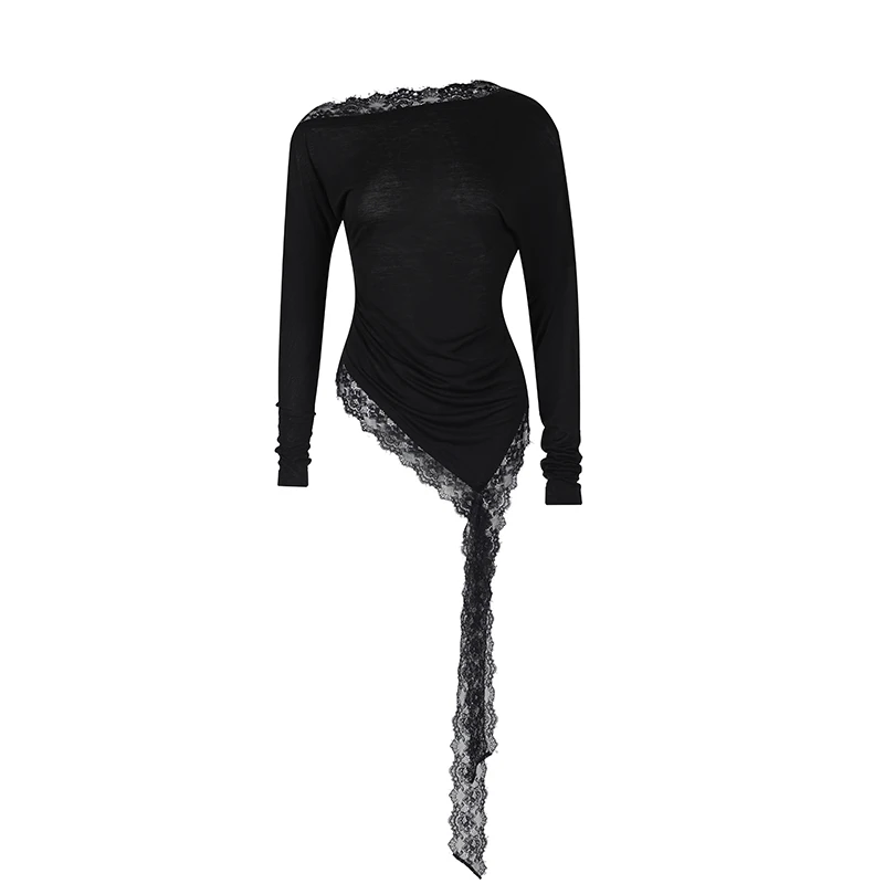 【CNLEEWEI】noundnound不规则一字肩蕾丝拼接针织长袖上衣女25春夏