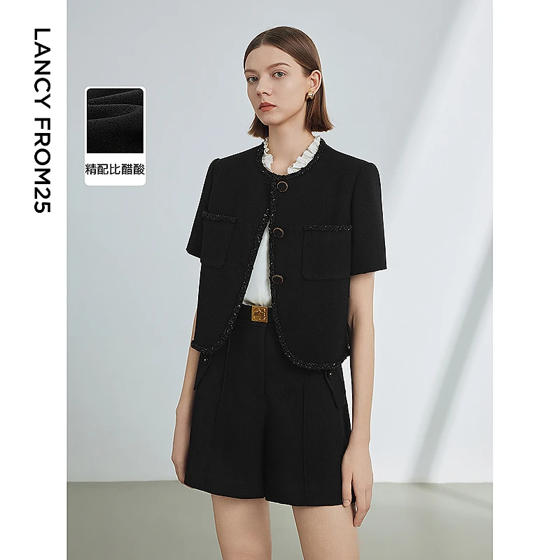 朗姿醋酸法式小香风气质高级感短袖外套女2024夏新款设计感短外套