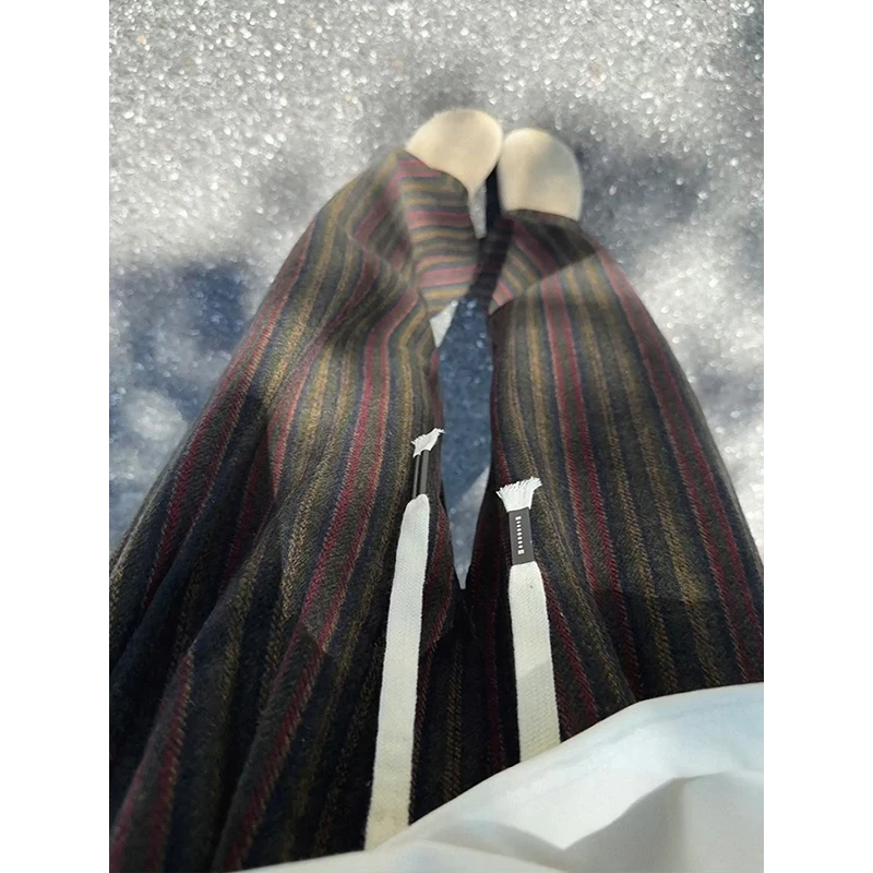 秋冬微弹力阔腿裤男高腰条纹毛呢休闲裤百搭青年韩版条纹裤子宽松