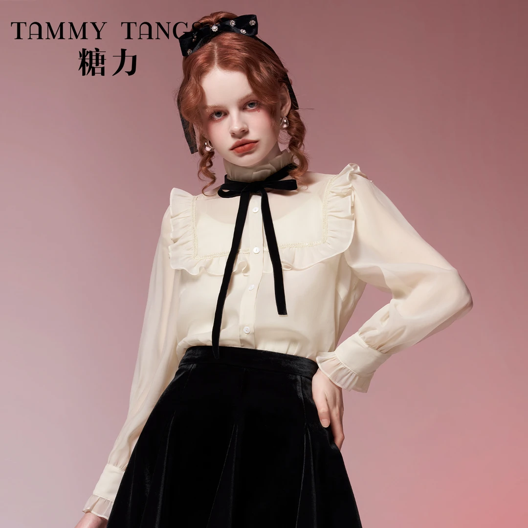 糖力 春秋新款长袖立领木耳边衬衫轻薄款纱质上衣