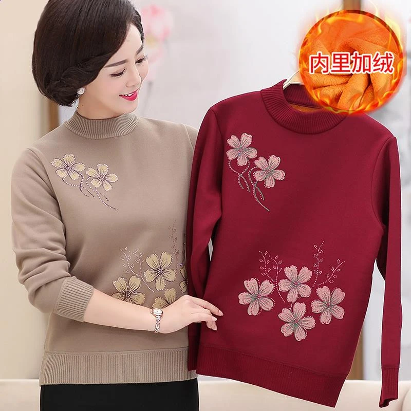 彩羊秋冬加绒毛衣奶奶保暖上衣服妈妈加厚打底衫2025新