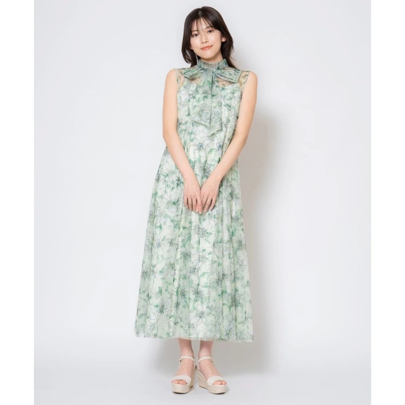 【DD外贸】夏季新款 N 领结系带无袖印花气质女装连衣裙