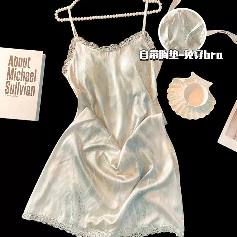 带胸垫睡裙女冰丝吊带无袖背心夏季冰丝睡衣性感水波纹家居服夏天