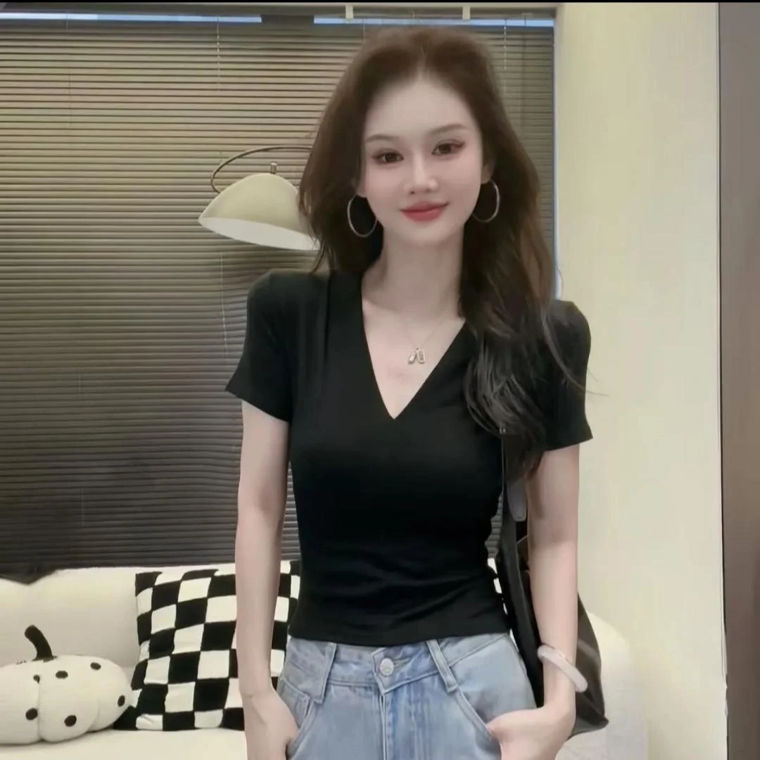螺纹棉V领正肩短袖T恤女2025夏季新款显瘦百搭洋气设计感小众上衣