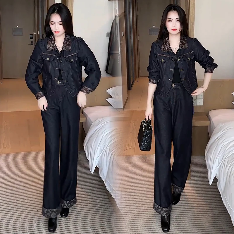 时尚牛仔套装女2025秋季新款洋气时髦短外套阔腿裤休闲减龄两件套
