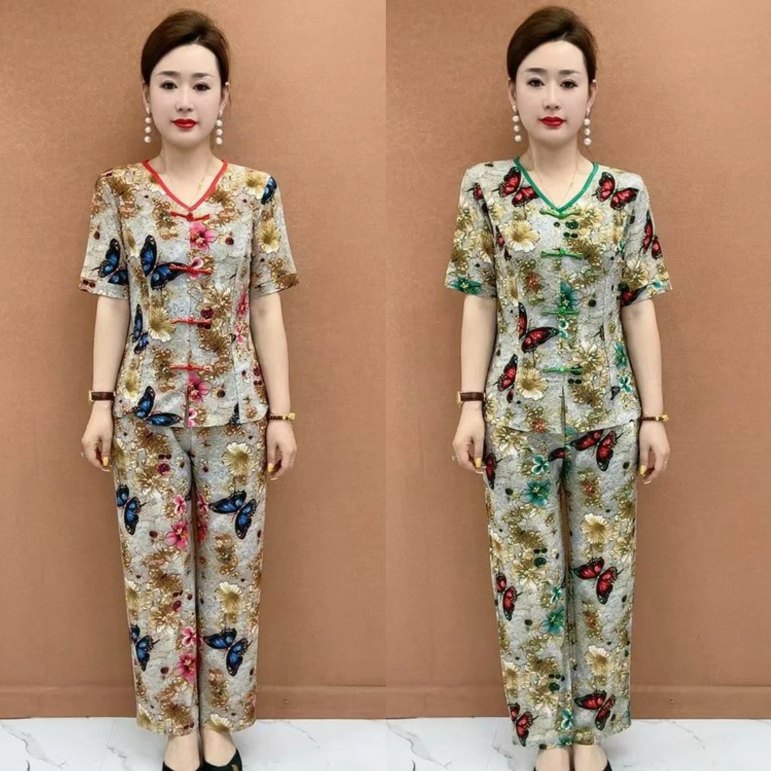 夏季新款时尚V领复古盘扣减龄显瘦妈妈装两件套