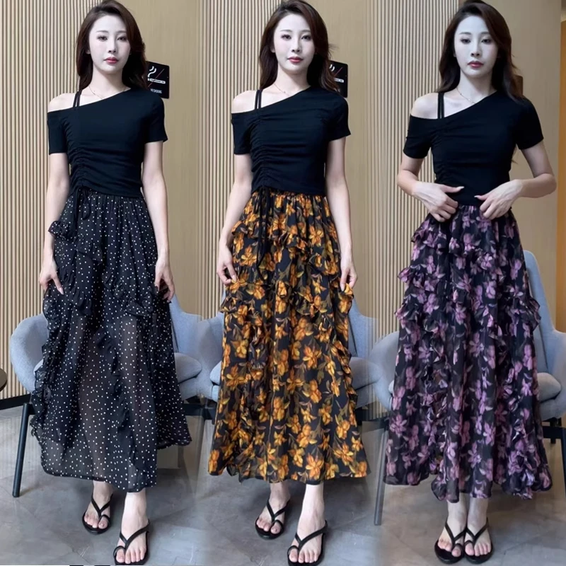 时尚连衣裙套装女2025夏季新款洋气斜肩设计短袖T恤碎花半身裙潮