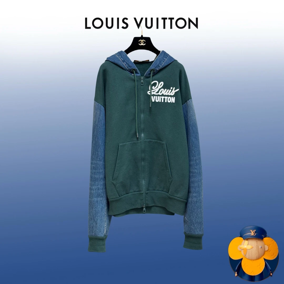 99新 LouisVuitton/路易威登  M码绿色拼接牛仔字母连帽长袖卫衣