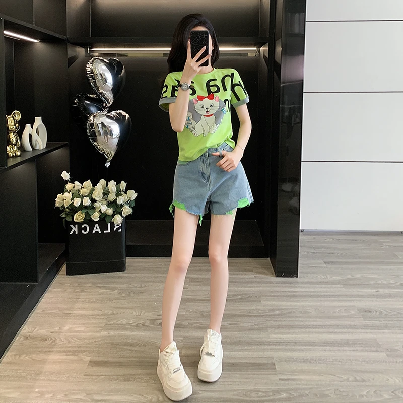 休闲套装女两件套短袖显瘦运动高腰夏季宽松印花牛仔显瘦百搭绿色