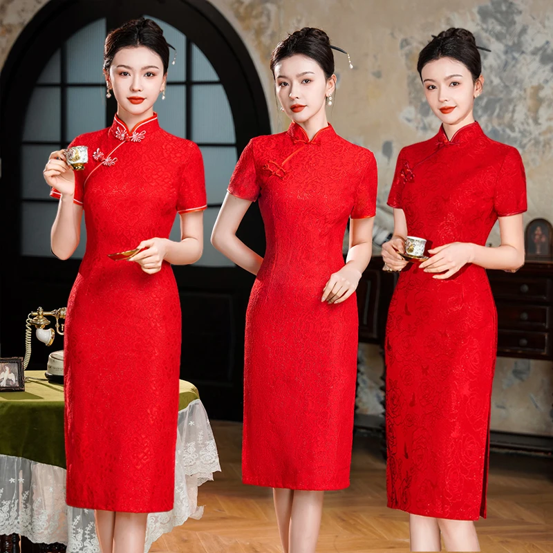红色高考送考新中式旗袍旗开得胜妈妈夏季新款优雅修身走秀连衣裙
