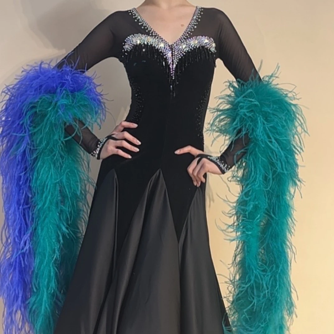 赛恩姿新款前拉链聚拢型表演裙蓝绿色双拼色鸵鸟毛国标舞