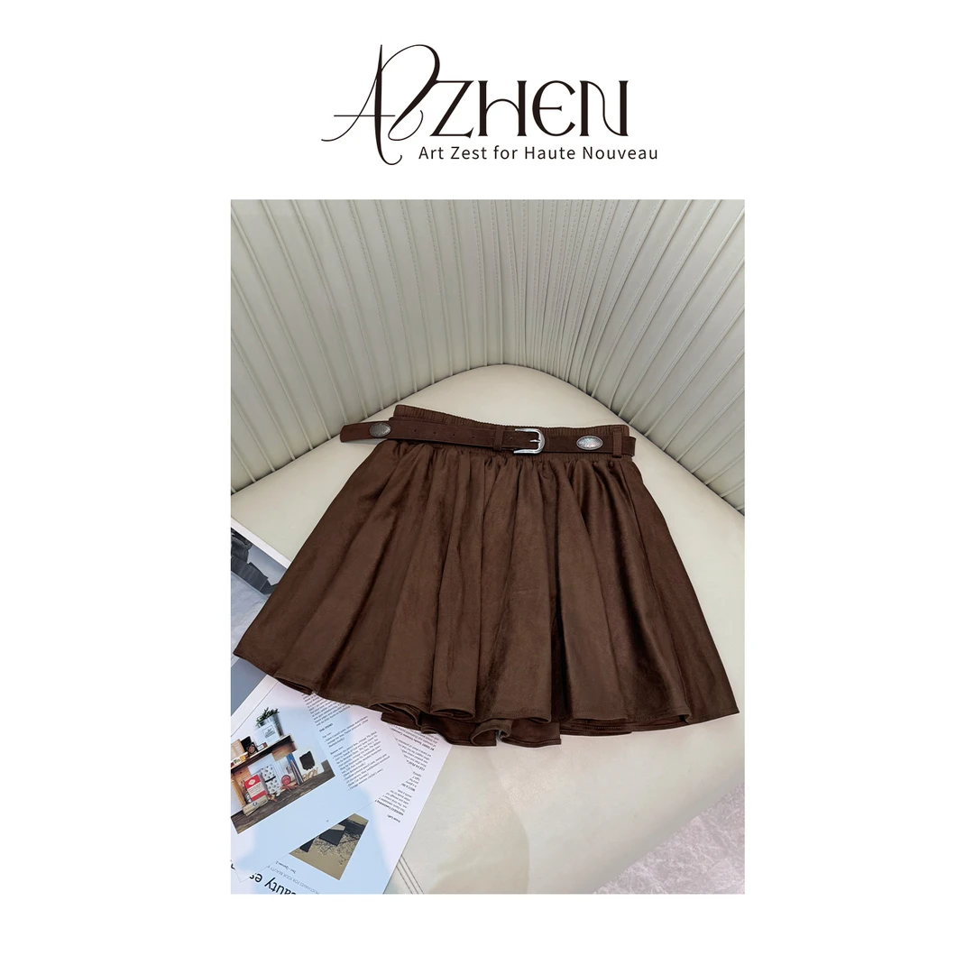 AZZHEN【时髦出行】麂皮绒百搭复古百搭半身裙蓬蓬裙短裙秋冬