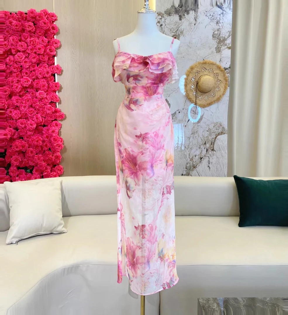 BECHARMING「蔷薇绮梦」显瘦气质印花夏季修身连衣裙Q1090