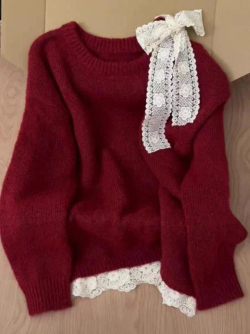 661#宽松慵懒风高级感红色露肩毛衣女2025大码胖mm显瘦针织衫上衣