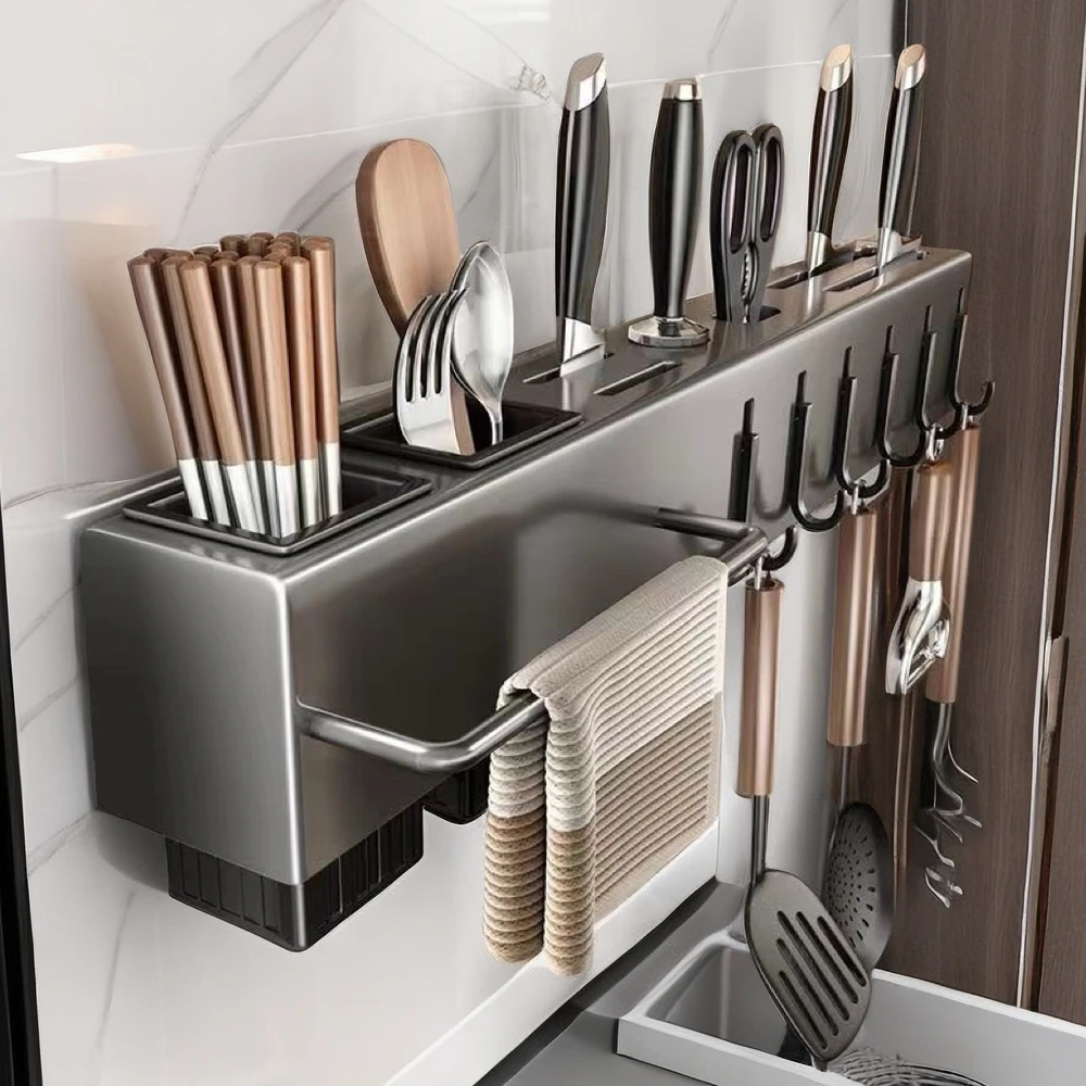 刀架壁挂式免打孔厨房用品多功能菜刀置物架刀具筷子筒一体收纳架