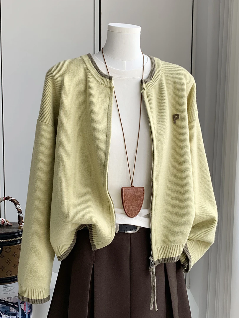 韩系宽松双拉链短款外穿针织开衫女春秋新款纯色字母刺绣毛衣外套