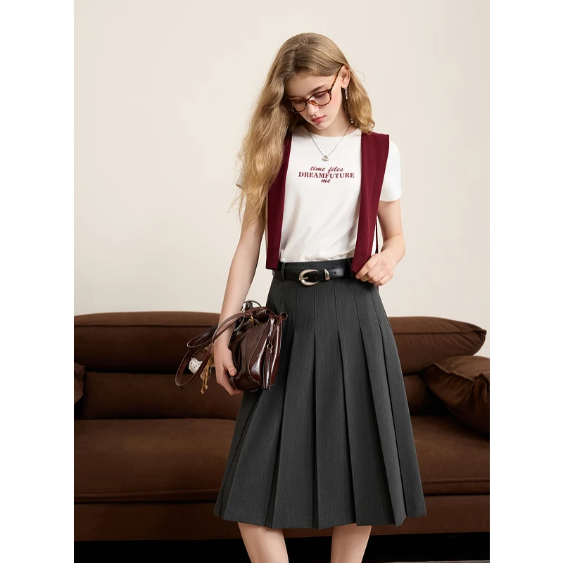 三彩2025春季新款Miu系百褶裙撞色腰绳半身裙A字中长裙学院风女M