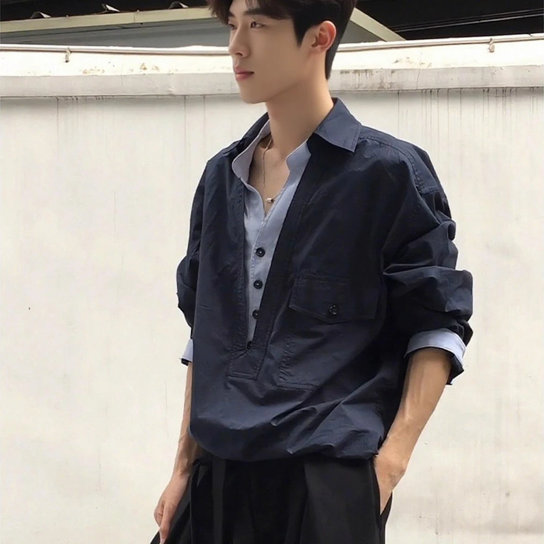 藏青色假两件V领衬衫男高级感痞帅韩系长袖衬衣cleanfit工装外套