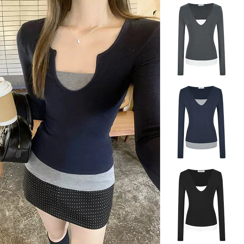 MosesQueen/魔西女王美式假两件长袖t恤修身显瘦甜辣妹内搭上衣