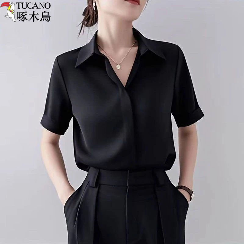 TUCANO/啄木鳥港风白色衬衫女夏季新款短袖上衣职业抗皱垂感衬衣