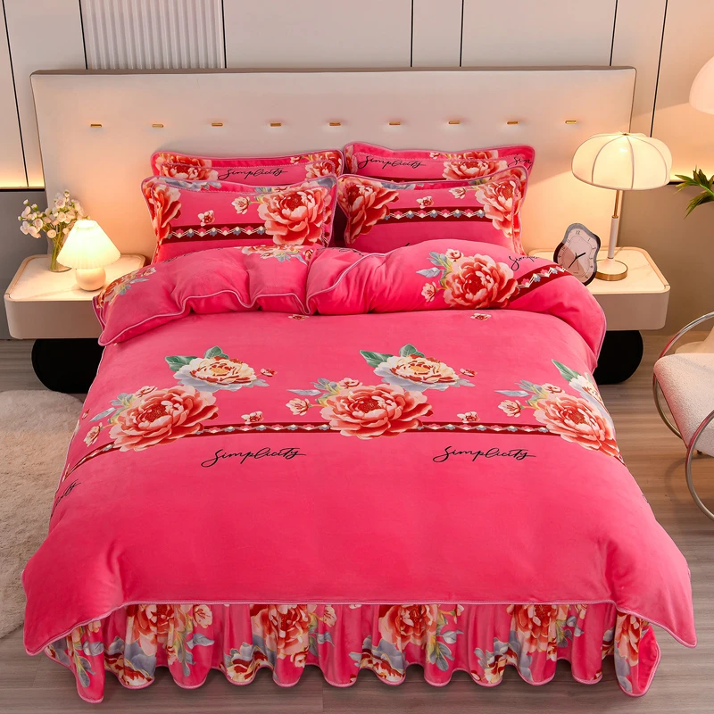 加厚8-9保暖牛奶绒四件套防静电床裙牛奶绒被套透气床品套件冬季