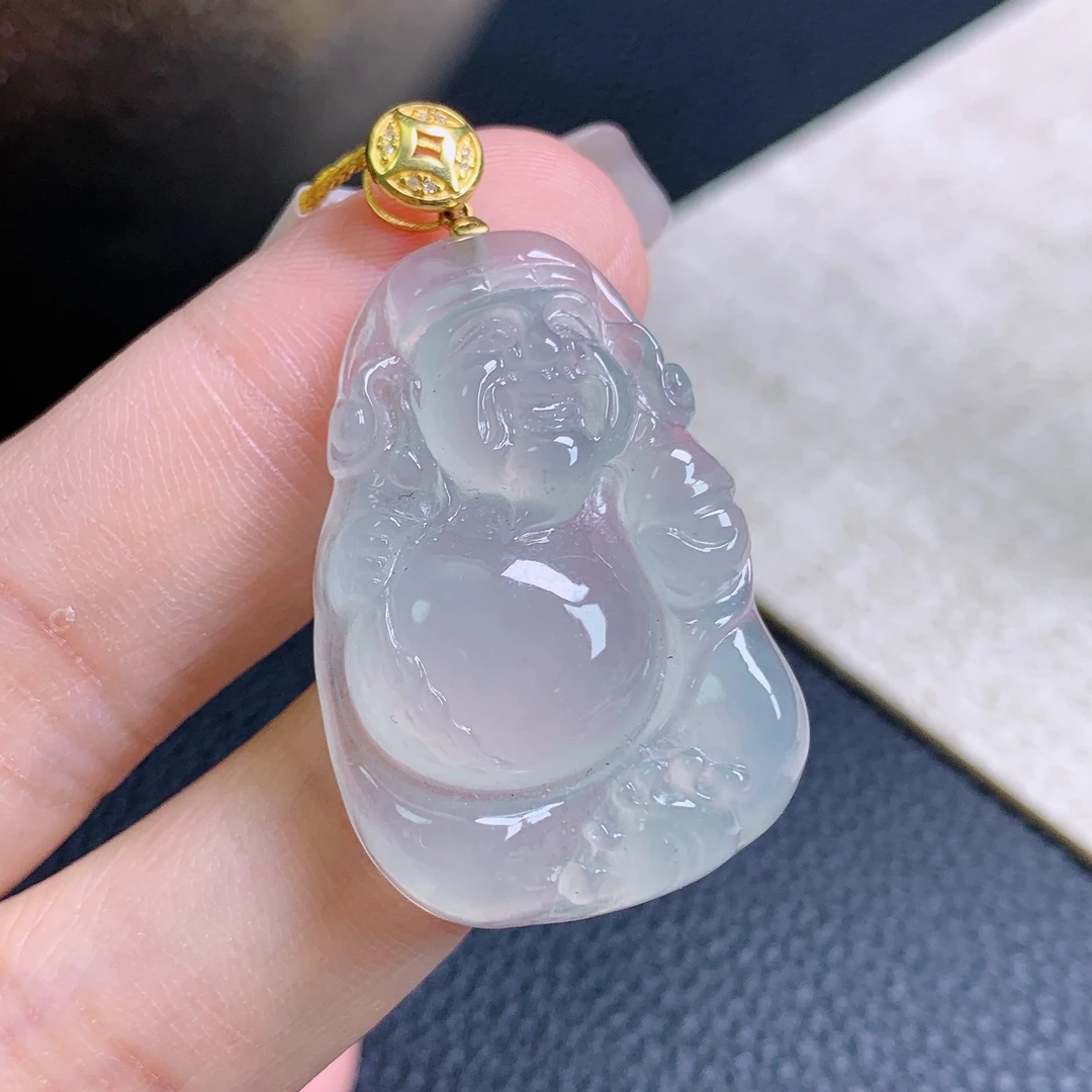 天然缅甸a货翡翠冰种财神爷吊坠种水好底子细腻老坑料揭阳工玉石