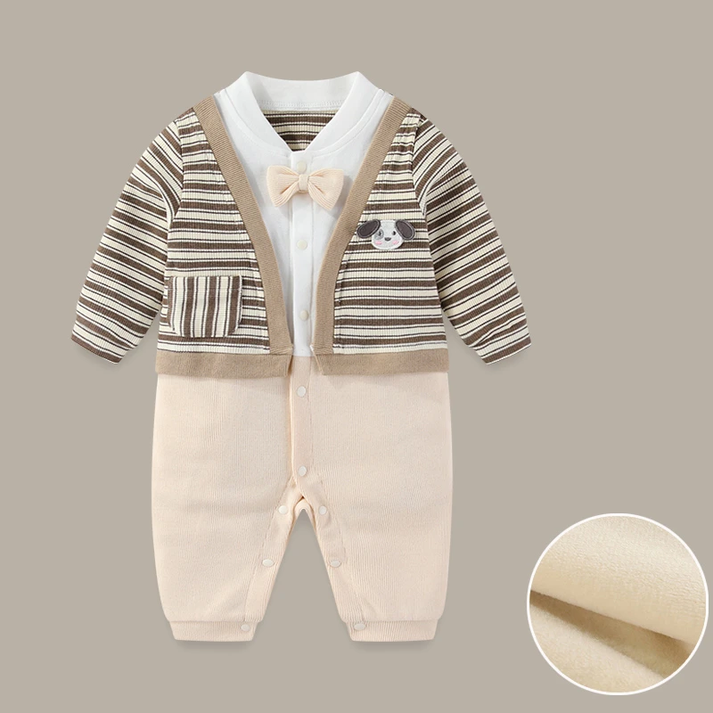 婴儿加绒衣服秋冬季超萌可爱男宝宝假两件连体衣百日哈衣外出爬服