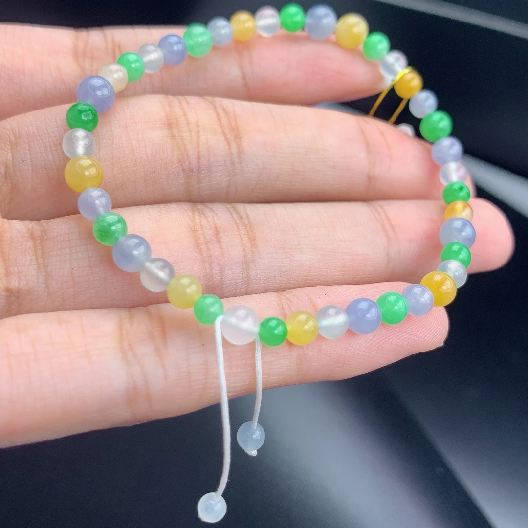 缅甸A货翡翠多宝马卡龙紫绿黄圆珠手链手串单圈ch1T16卡5mm