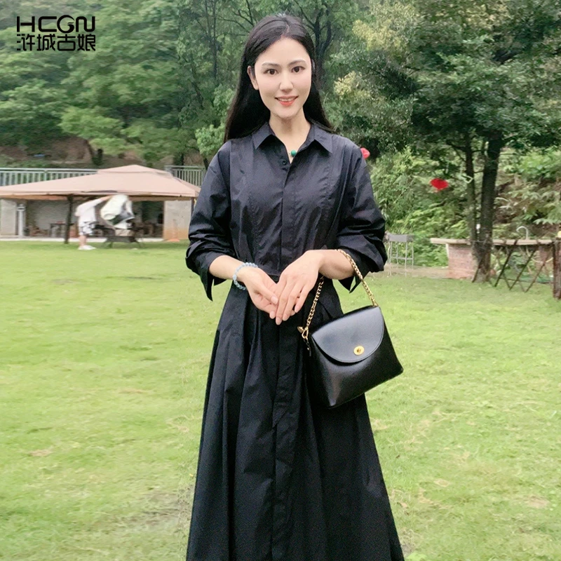 高档洋气中长款夏天黑色裙子长袖连衣裙高级感显瘦小黑裙WS050175