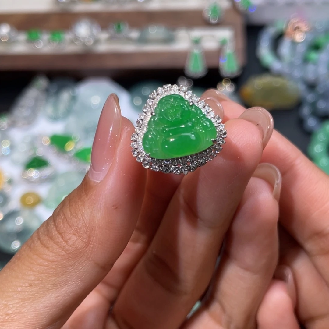 翡翠18K金镶嵌戒指佛公戒指吊坠两用款